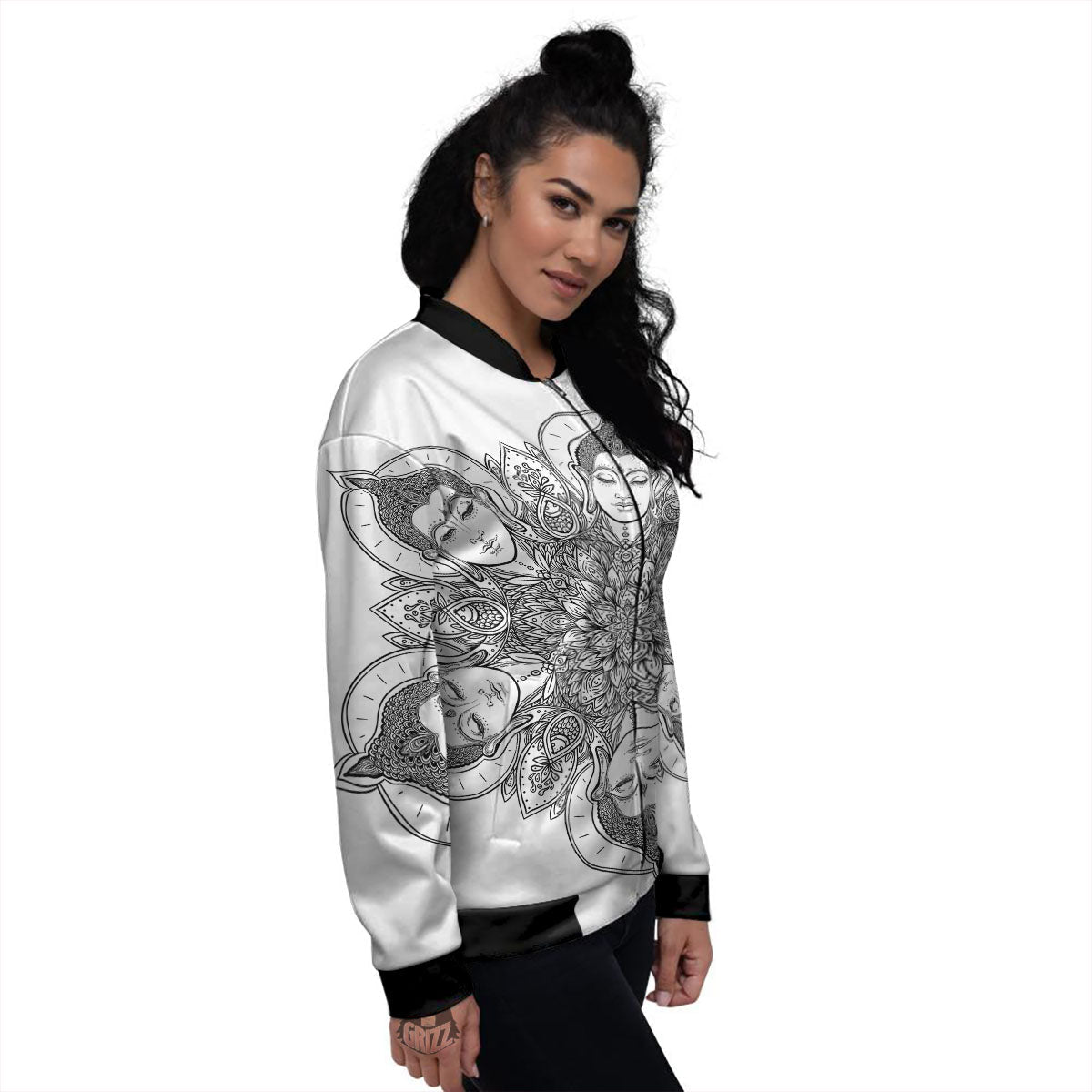 Buddha Face Ornate Mandala Print Women's Bomber Jacket-grizzshop