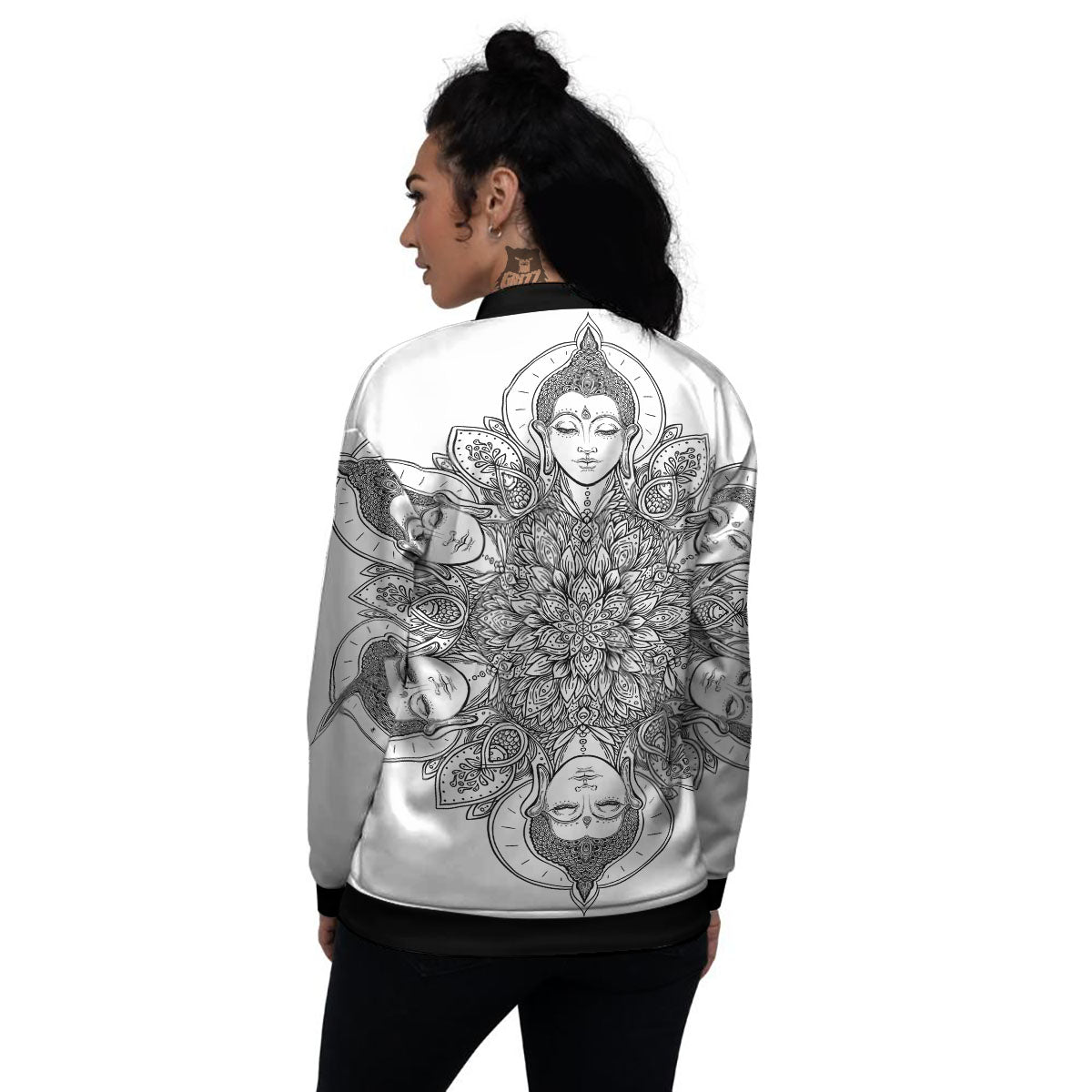 Buddha Face Ornate Mandala Print Women's Bomber Jacket-grizzshop