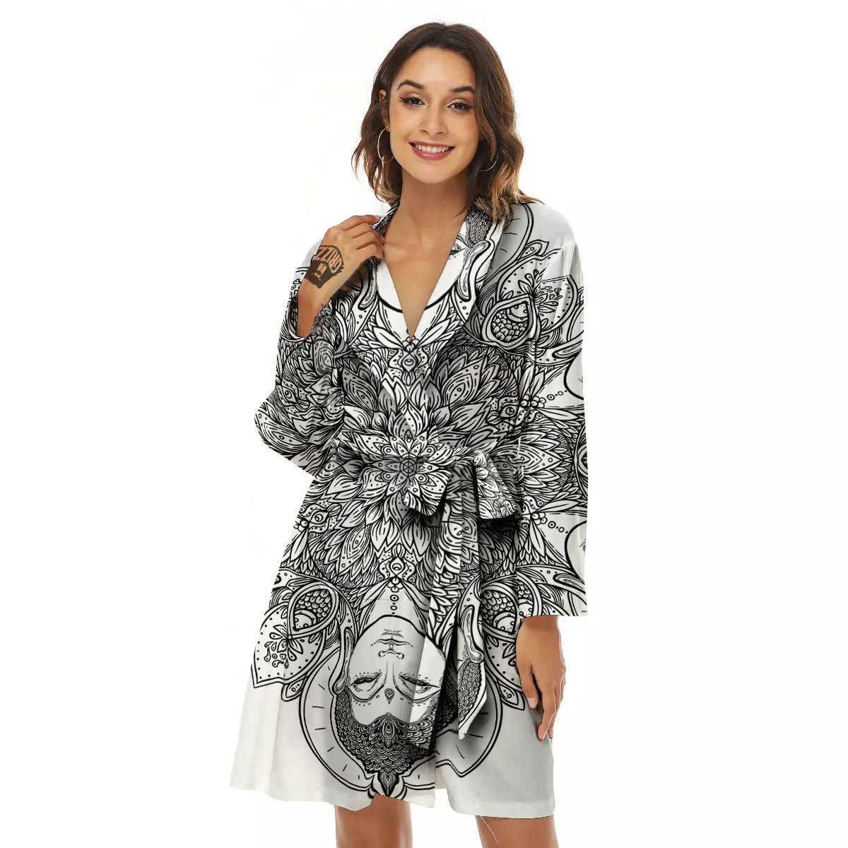 Buddha Face Ornate Mandala Print Women's Robe-grizzshop