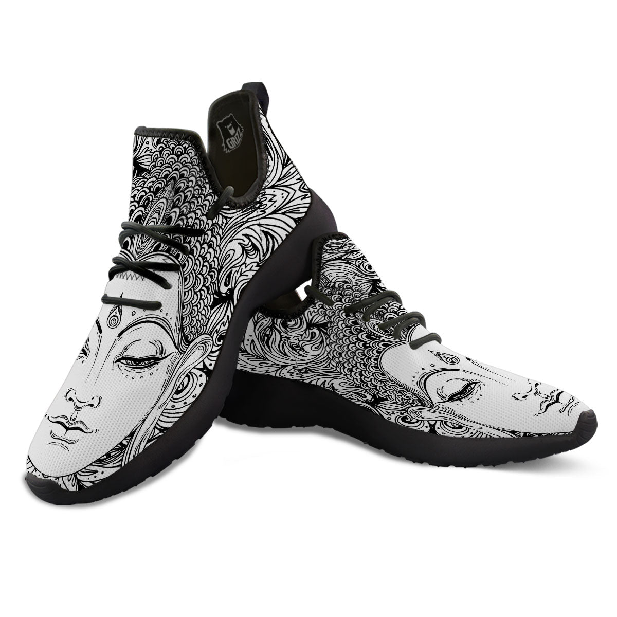 Buddha Mandala Spiritual Black White Print Black Athletic Shoes-grizzshop