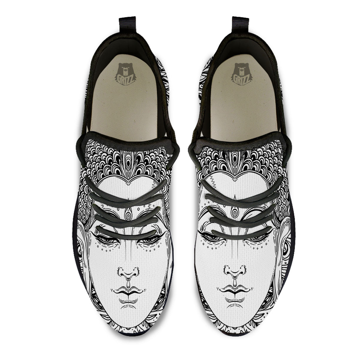 Buddha Mandala Spiritual Black White Print Black Athletic Shoes-grizzshop