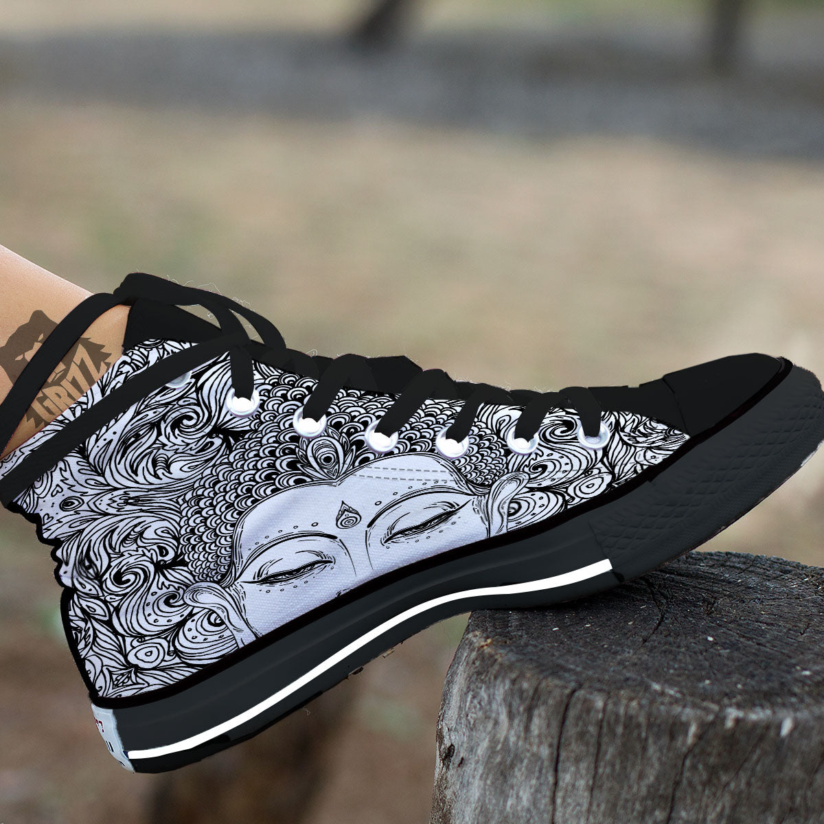 Buddha Mandala Spiritual Black White Print Black High Top Shoes-grizzshop