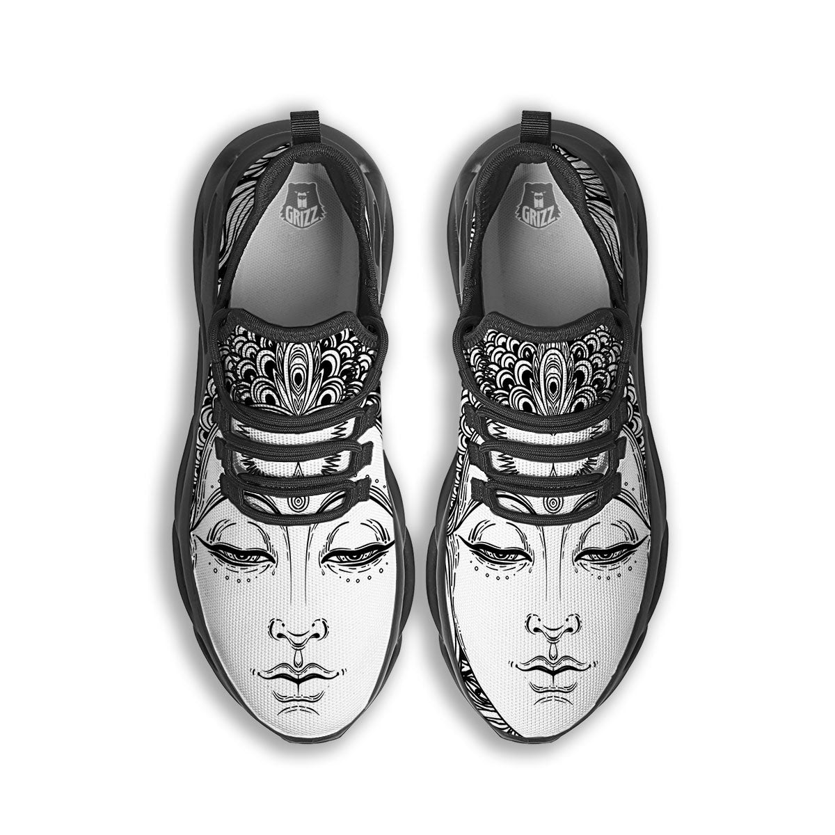 Buddha Mandala Spiritual Black White Print Black Running Shoes-grizzshop