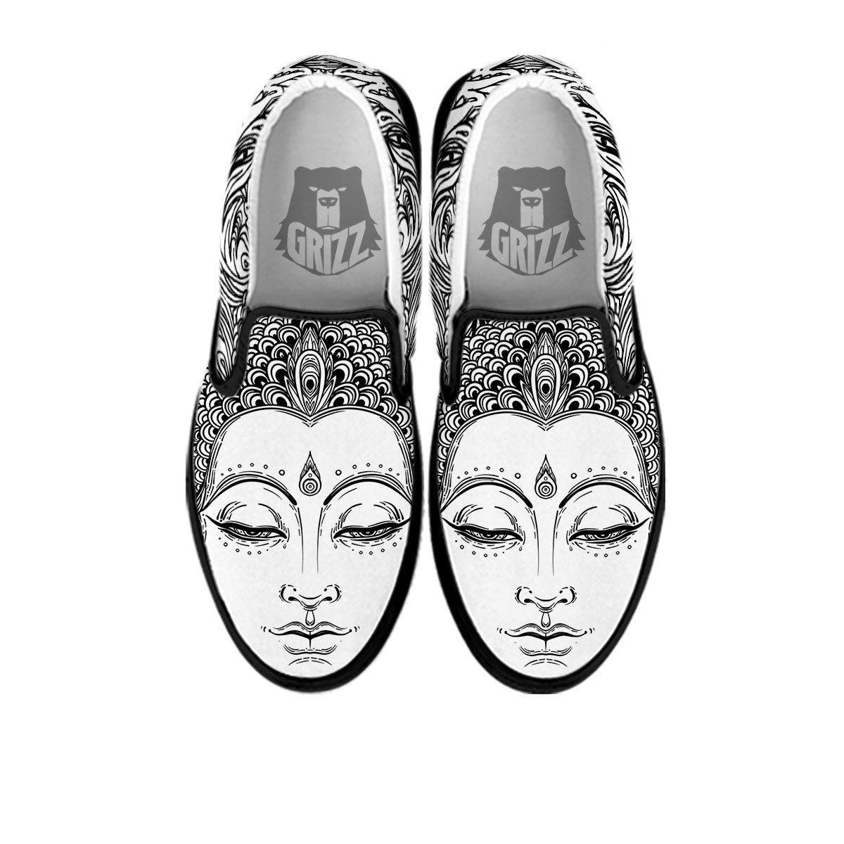 Buddha Mandala Spiritual Black White Print Black Slip On Shoes-grizzshop