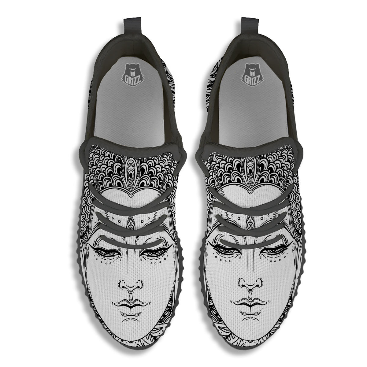 Buddha Mandala Spiritual Black White Print Black Walking Shoes-grizzshop