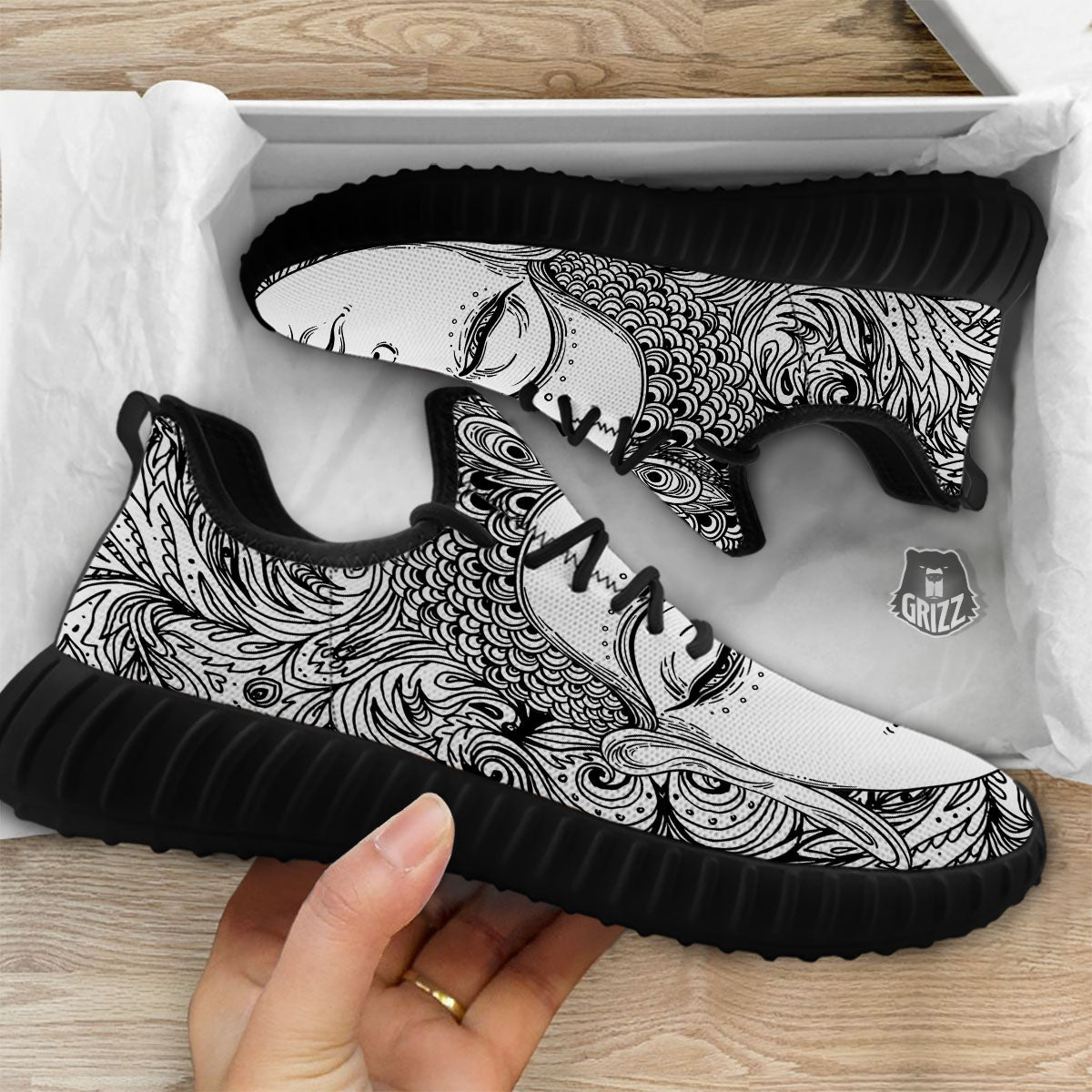 Buddha Mandala Spiritual Black White Print Black Walking Shoes-grizzshop