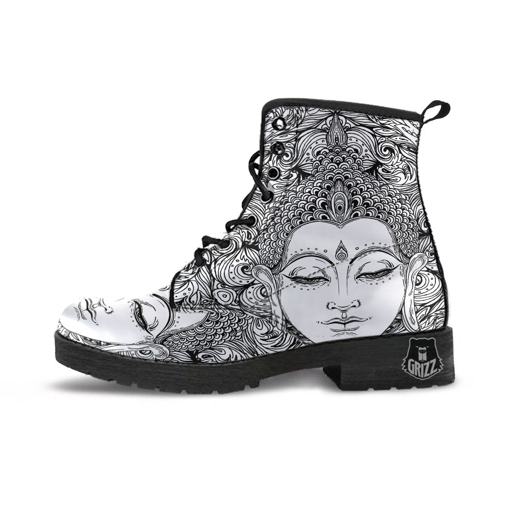 Buddha Mandala Spiritual Black White Print Leather Boots-grizzshop