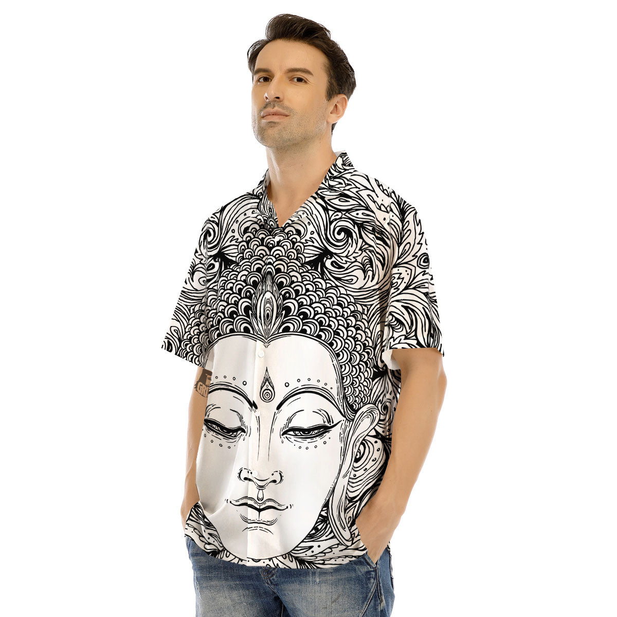 Buddha Mandala Spiritual Black White Print Men's Hawaiian Shirt-grizzshop