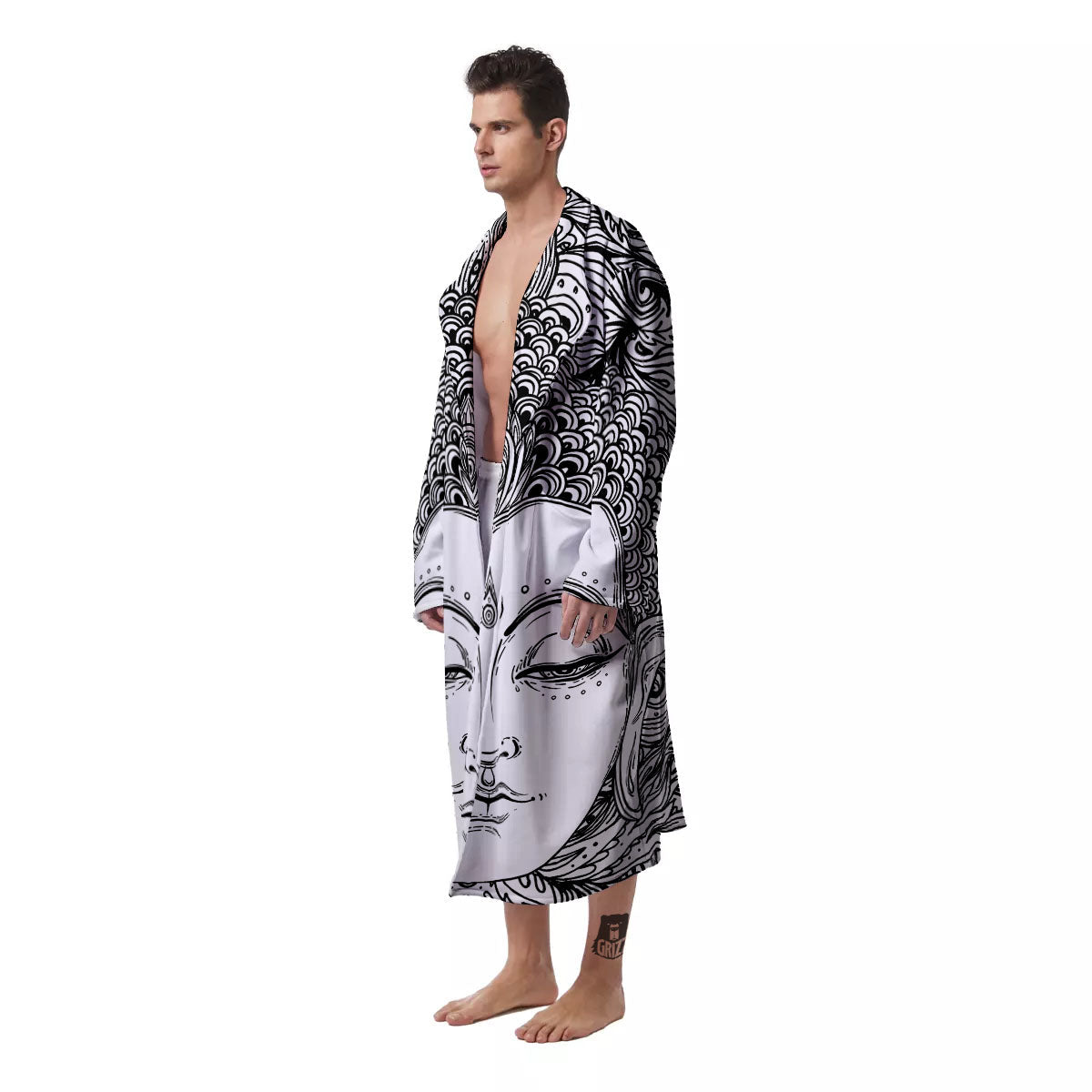 Buddha Mandala Spiritual Black White Print Men's Robe-grizzshop