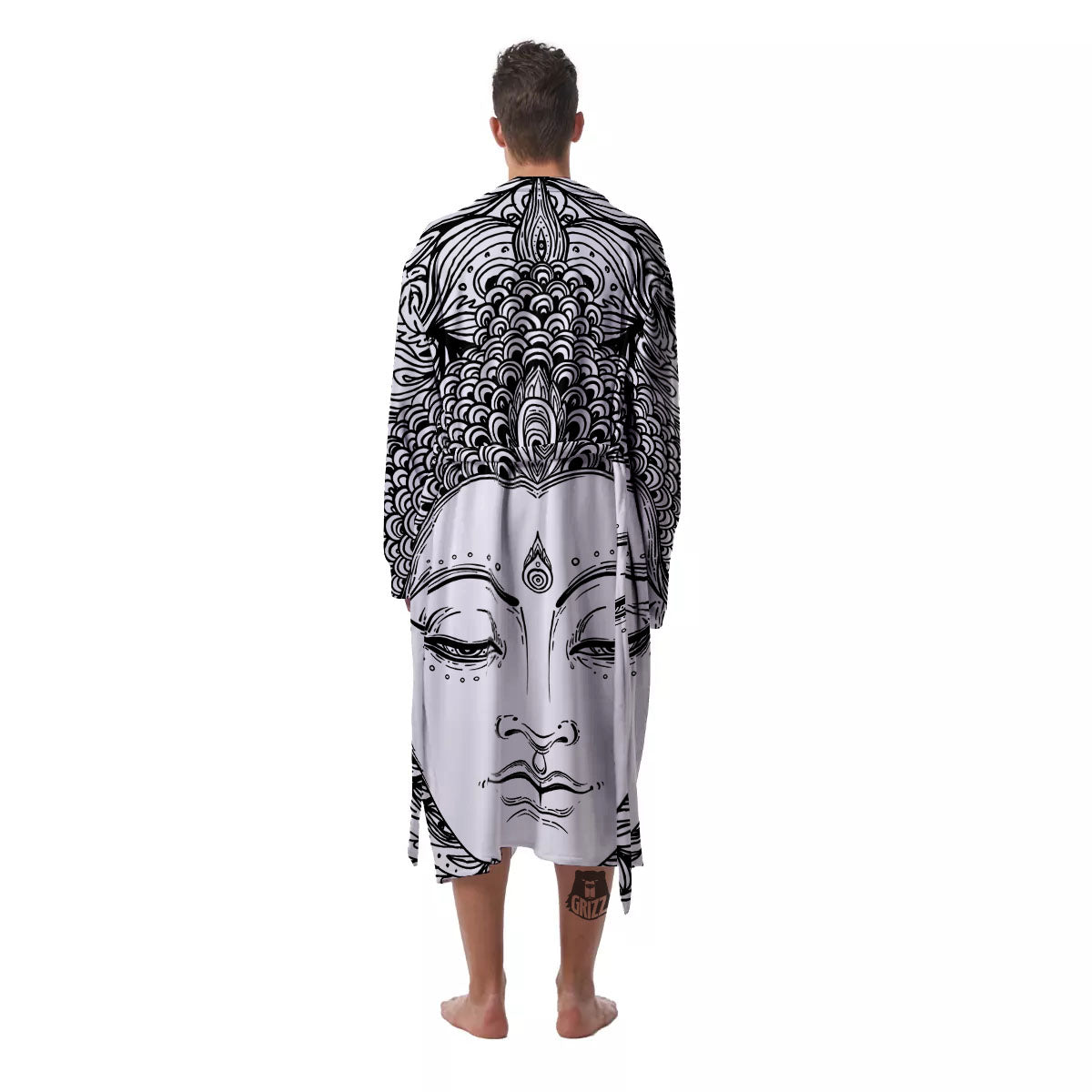 Buddha Mandala Spiritual Black White Print Men's Robe-grizzshop