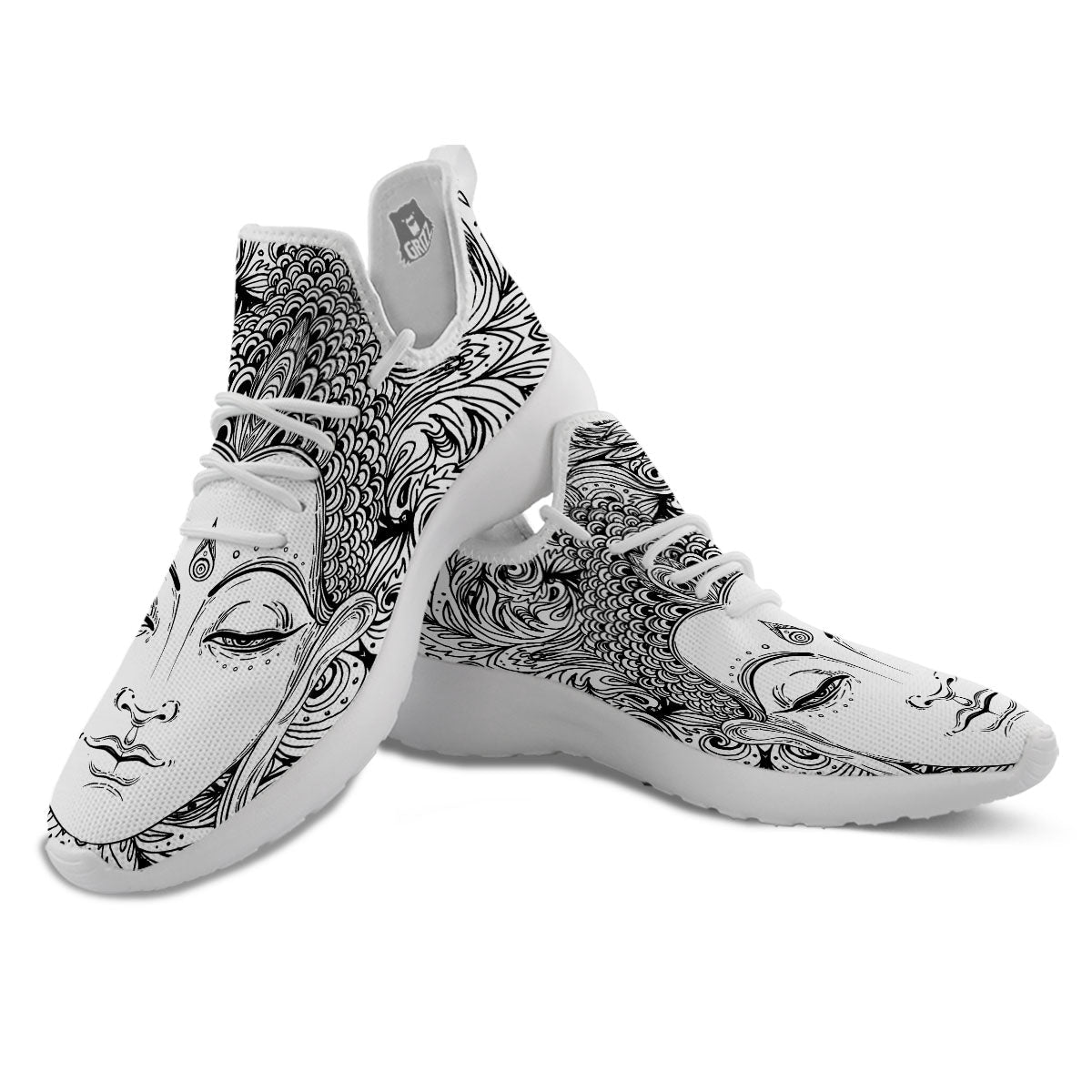 Buddha Mandala Spiritual Black White Print White Athletic Shoes-grizzshop