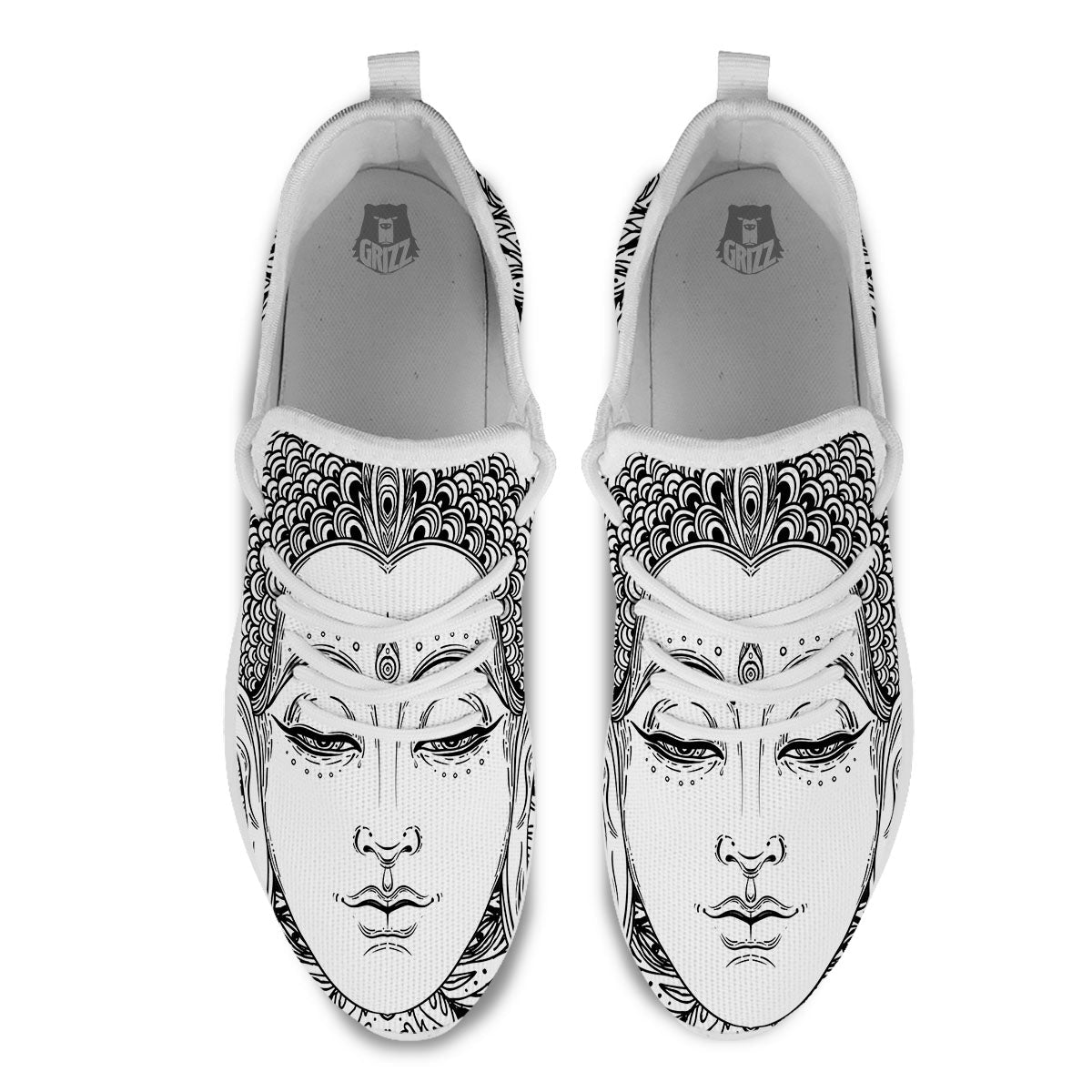 Buddha Mandala Spiritual Black White Print White Athletic Shoes-grizzshop