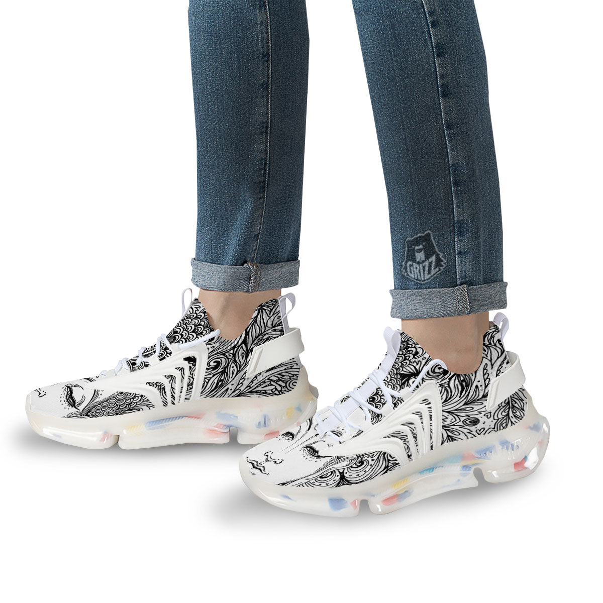 Buddha Mandala Spiritual Black White Print White Gym Shoes-grizzshop