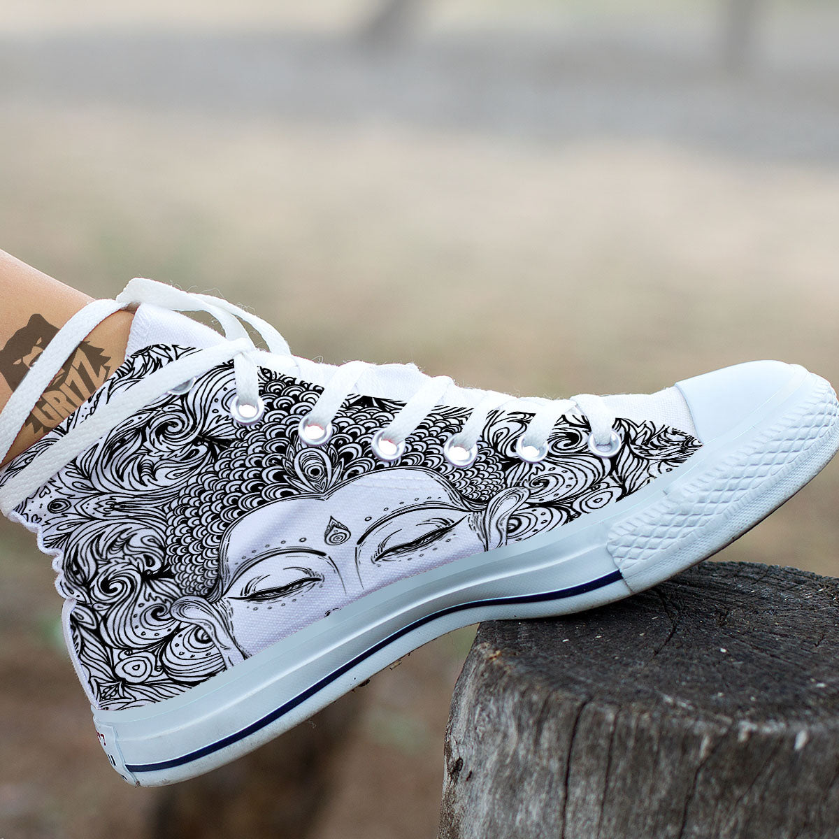 Buddha Mandala Spiritual Black White Print White High Top Shoes-grizzshop