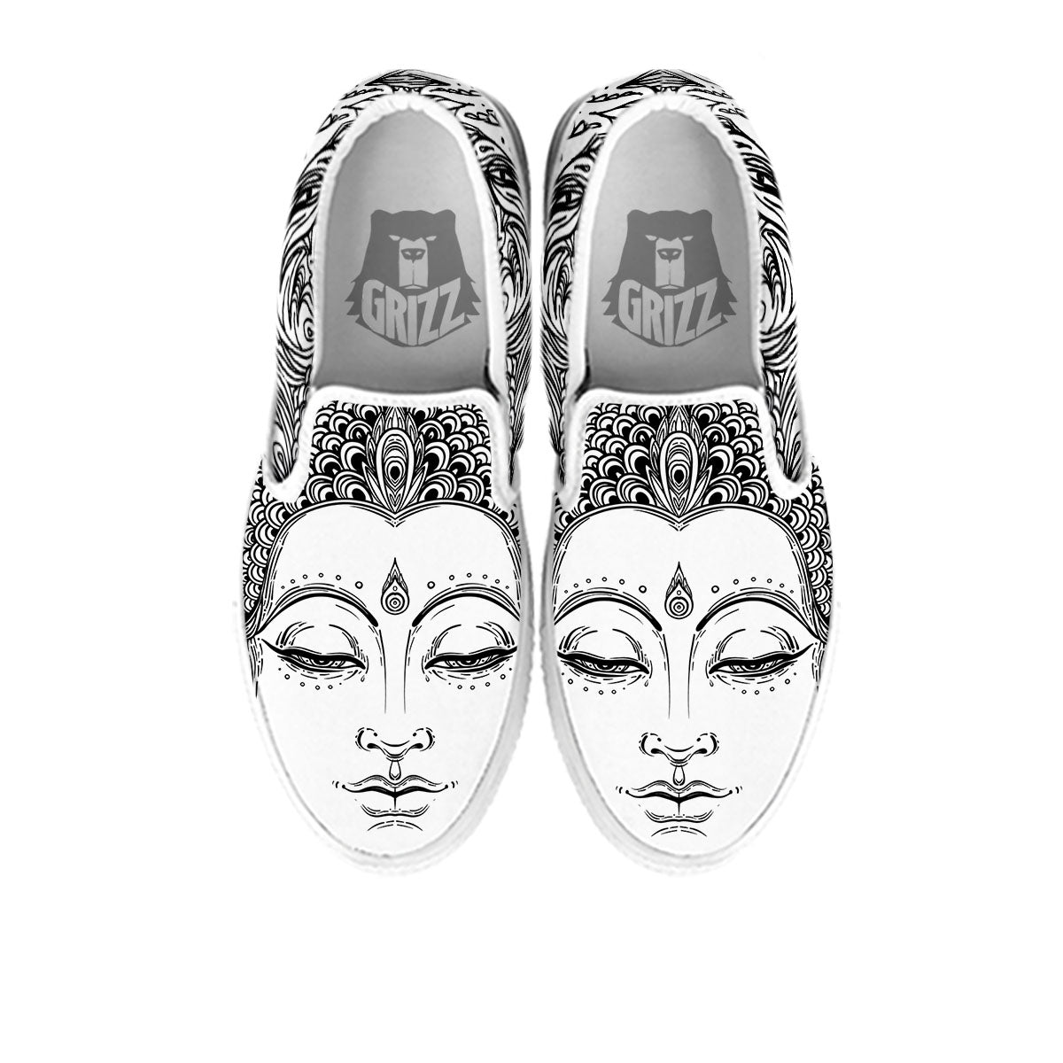 Buddha Mandala Spiritual Black White Print White Slip On Shoes-grizzshop