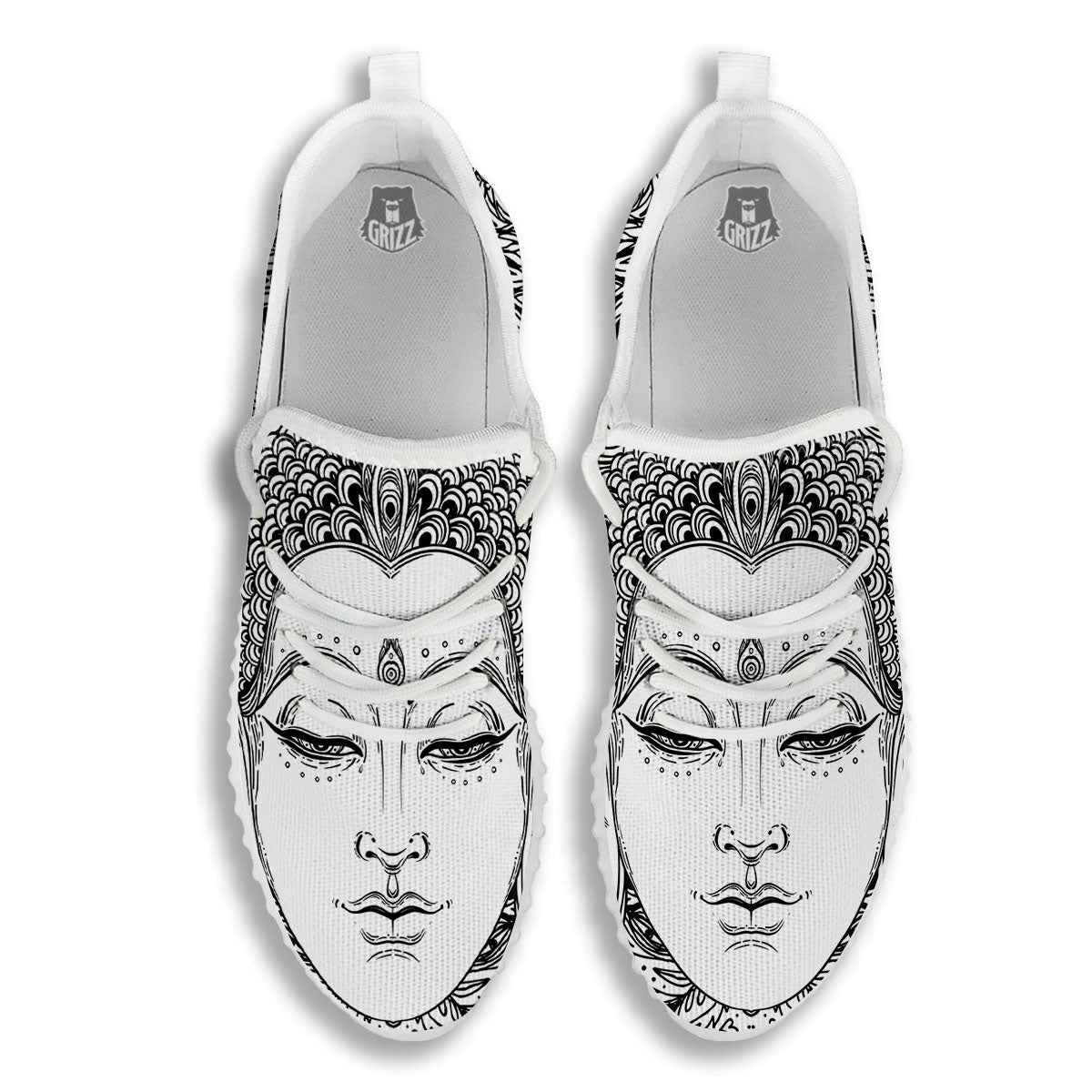Buddha Mandala Spiritual Black White Print White Walking Shoes-grizzshop