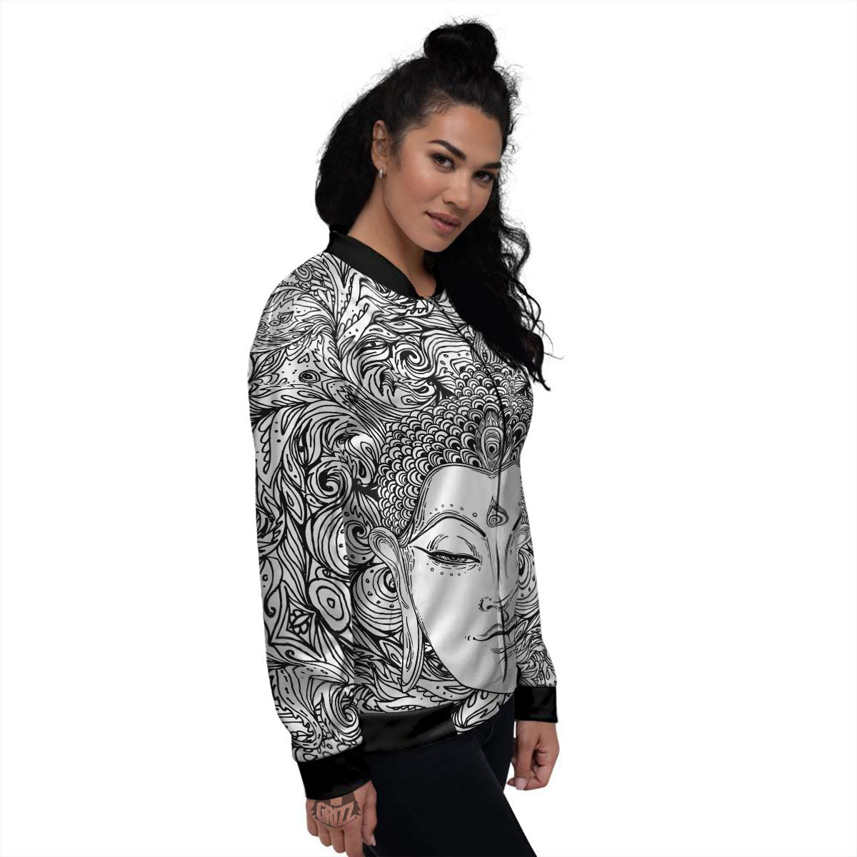 Buddha Mandala Spiritual Black White Print Women's Bomber Jacket-grizzshop