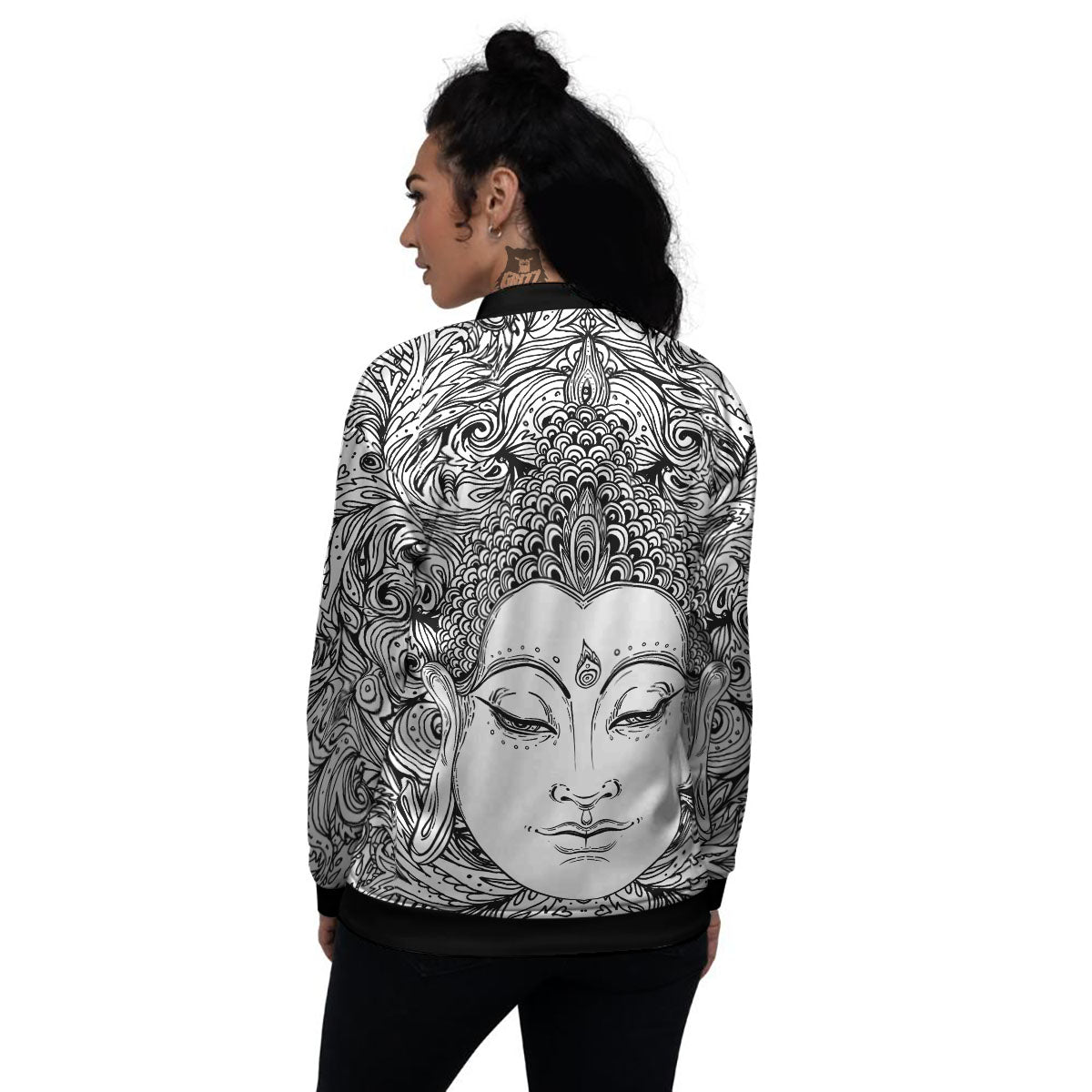 Buddha Mandala Spiritual Black White Print Women's Bomber Jacket-grizzshop