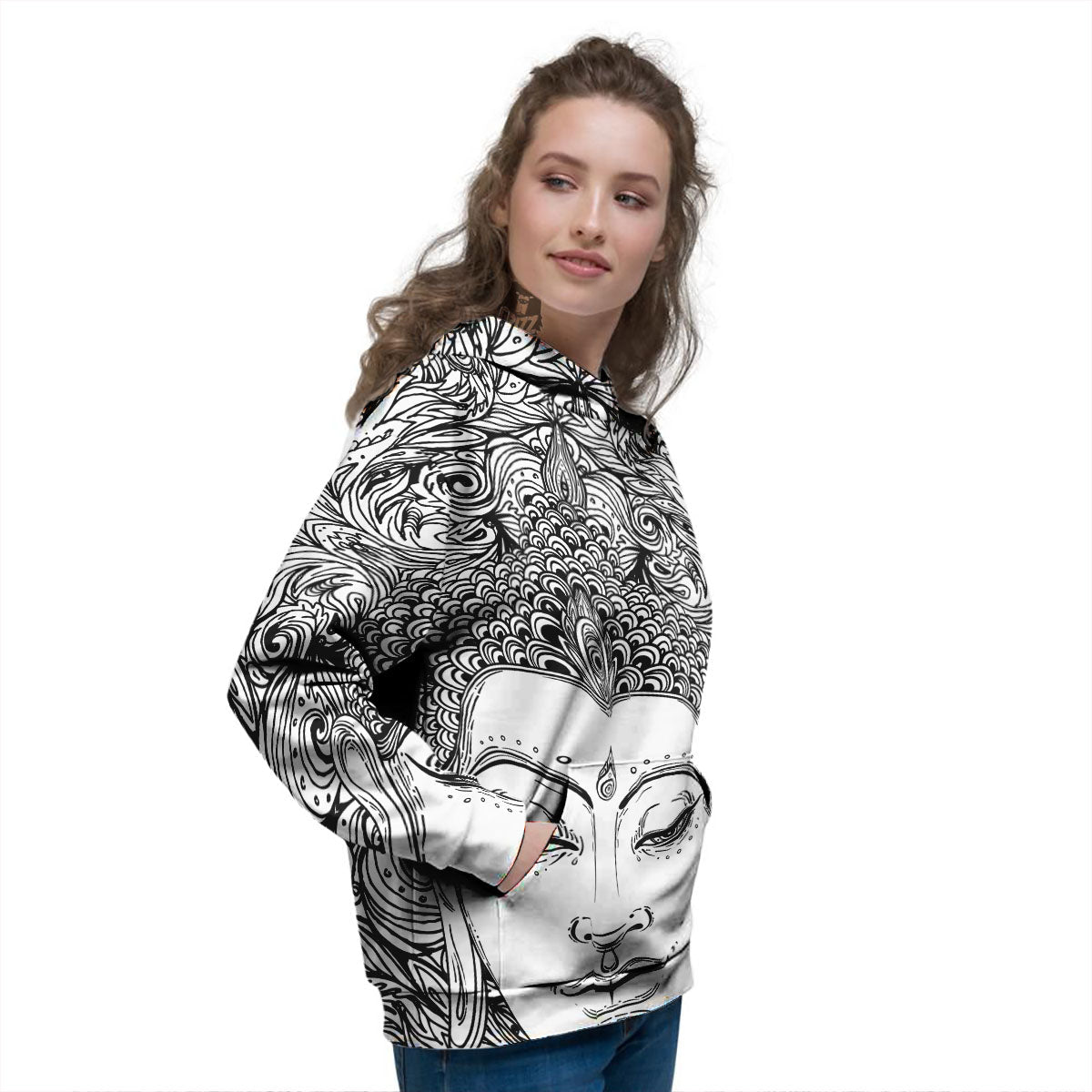 Buddha Mandala Spiritual Black White Print Women's Hoodie-grizzshop