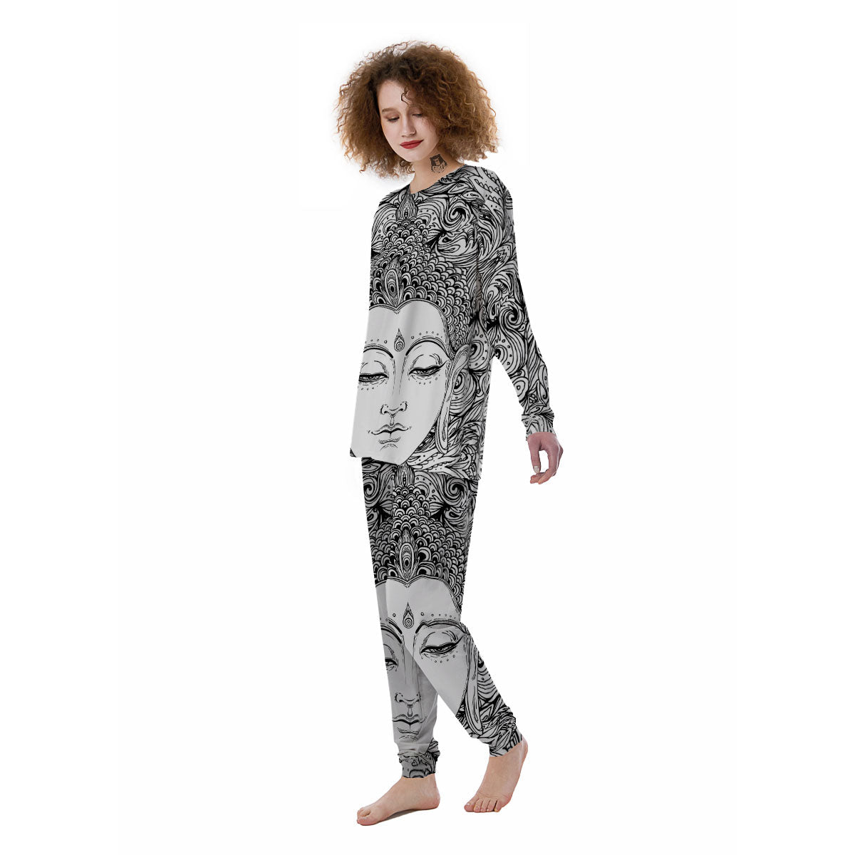 Buddha Mandala Spiritual Black White Print Women's Pajamas-grizzshop