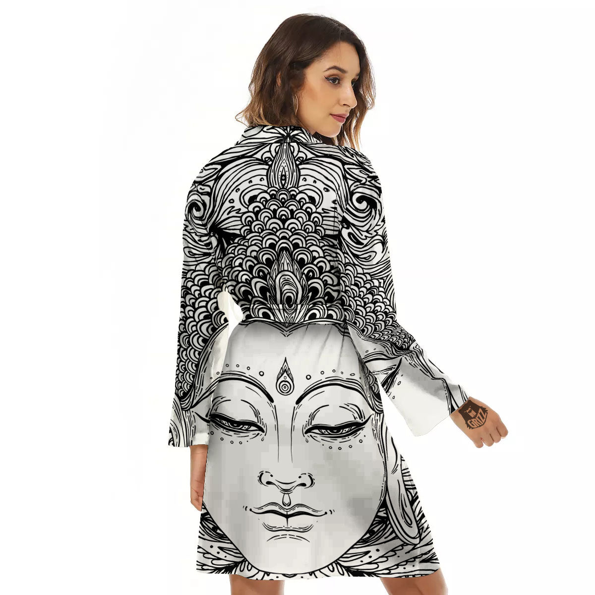 Buddha Mandala Spiritual Black White Print Women's Robe-grizzshop