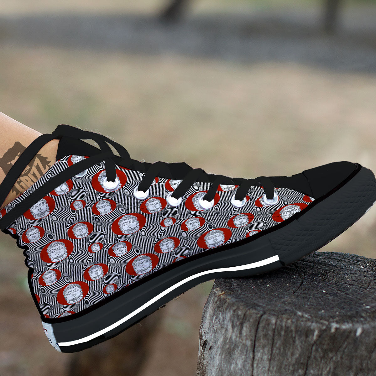 Buddha Print Pattern Black High Top Shoes-grizzshop