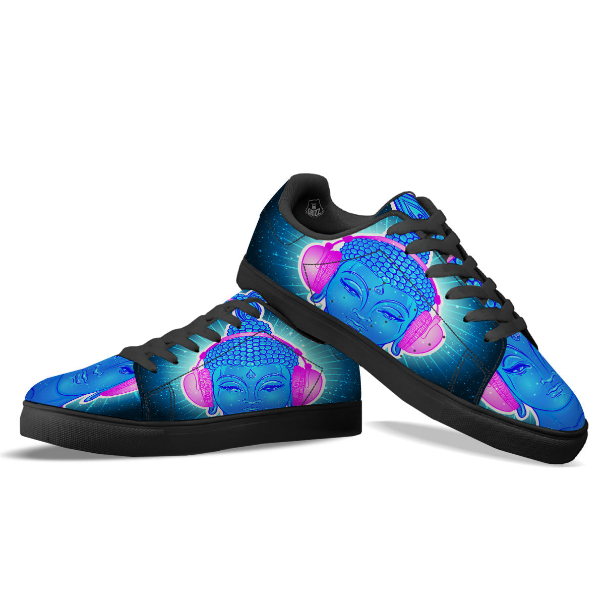 Buddha Psychedelic Print Black Low Top Sneakers-grizzshop