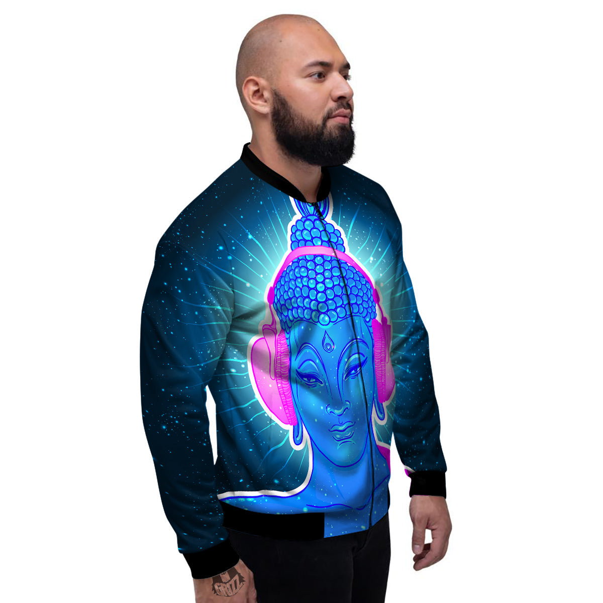 Buddha Psychedelic Print Men's Bomber Jacket-grizzshop