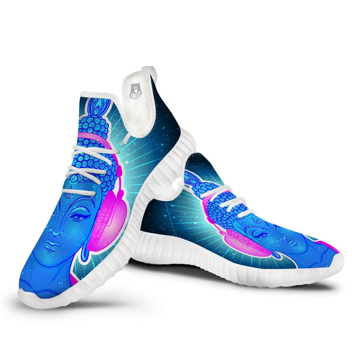 Buddha Psychedelic Print White Walking Shoes-grizzshop