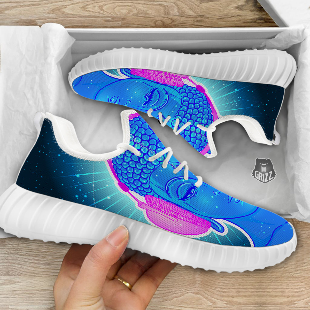Buddha Psychedelic Print White Walking Shoes-grizzshop