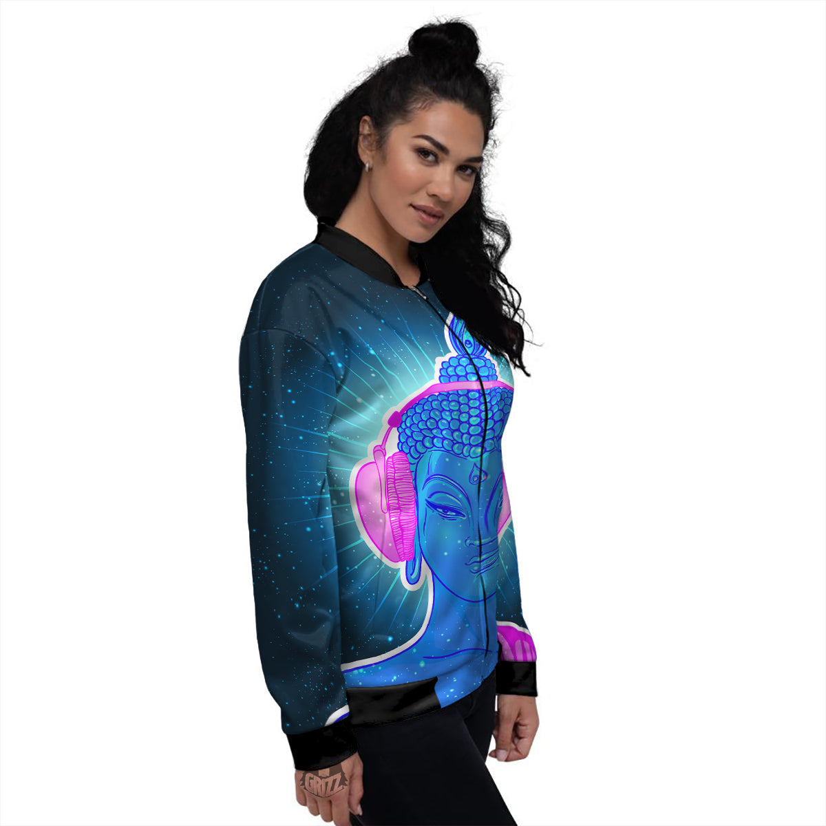 Buddha Psychedelic Print Women's Bomber Jacket-grizzshop