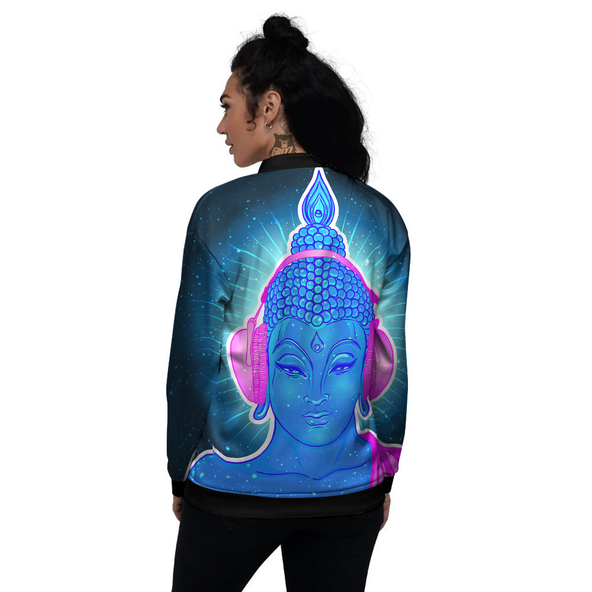Buddha Psychedelic Print Women's Bomber Jacket-grizzshop