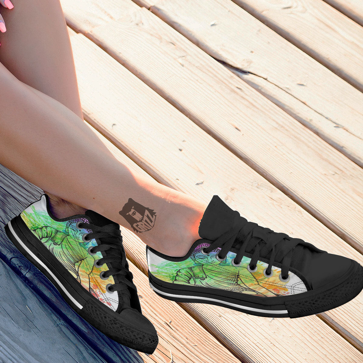 Buddha Reggae Print Black Low Top Shoes-grizzshop