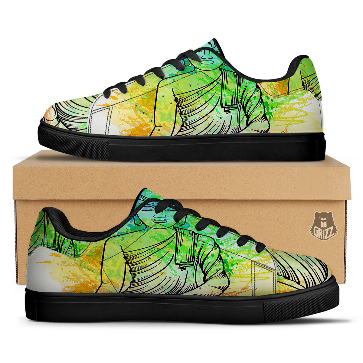 Buddha Reggae Print Black Low Top Sneakers-grizzshop
