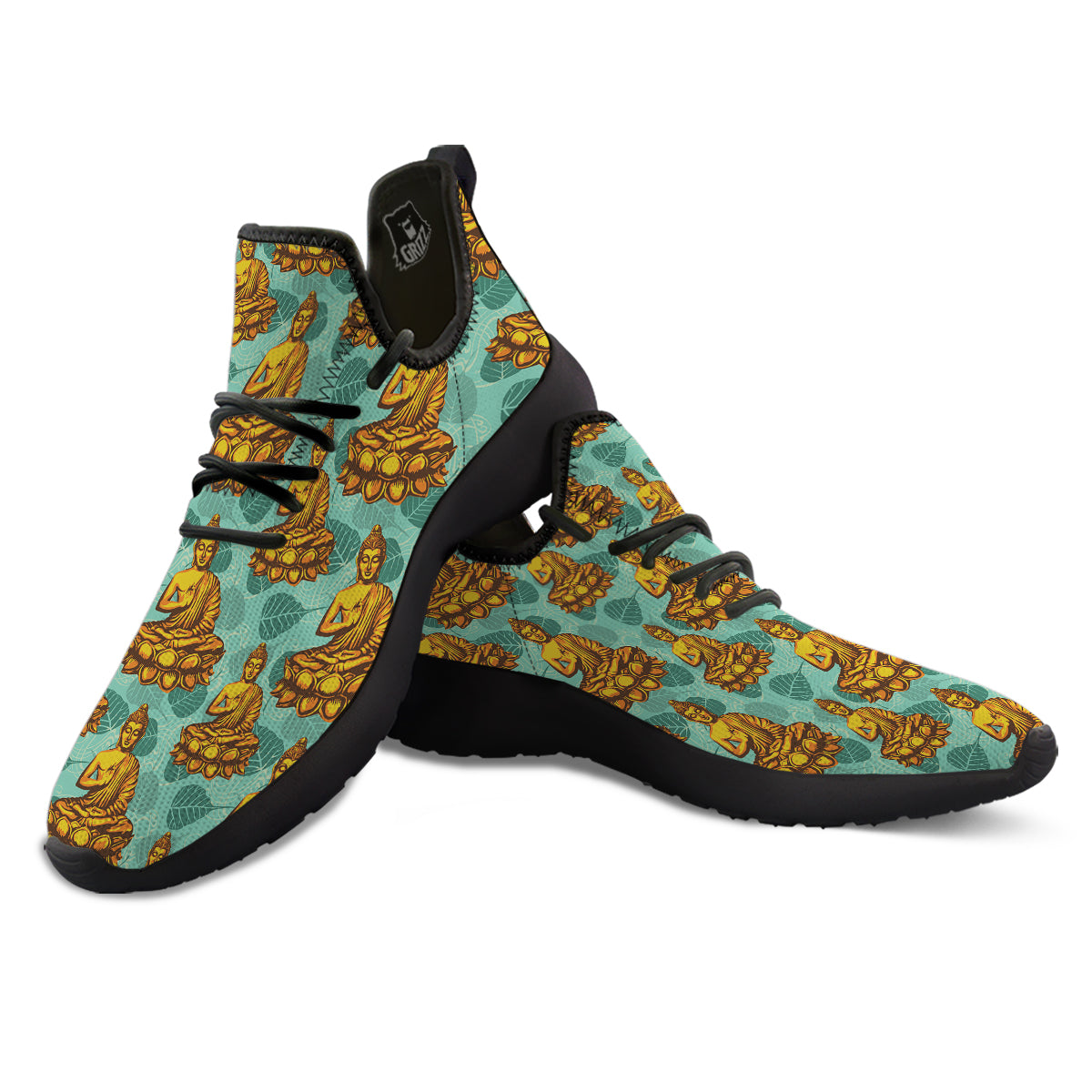 Buddha Sits On The Leaf Print Pattern Black Athletic Shoes-grizzshop