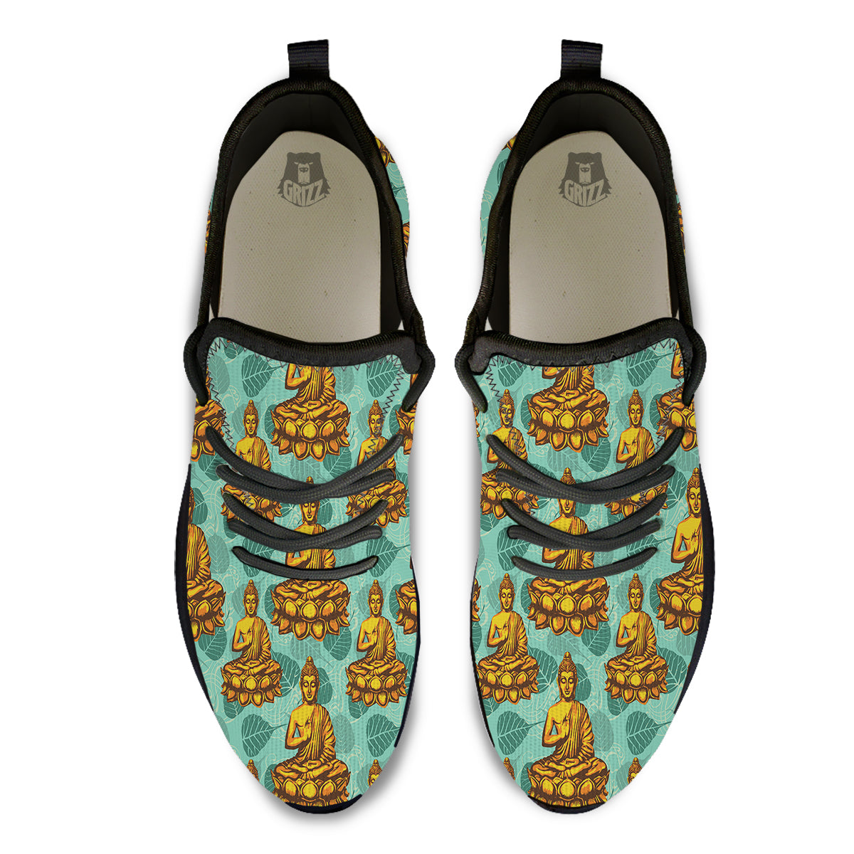 Buddha Sits On The Leaf Print Pattern Black Athletic Shoes-grizzshop