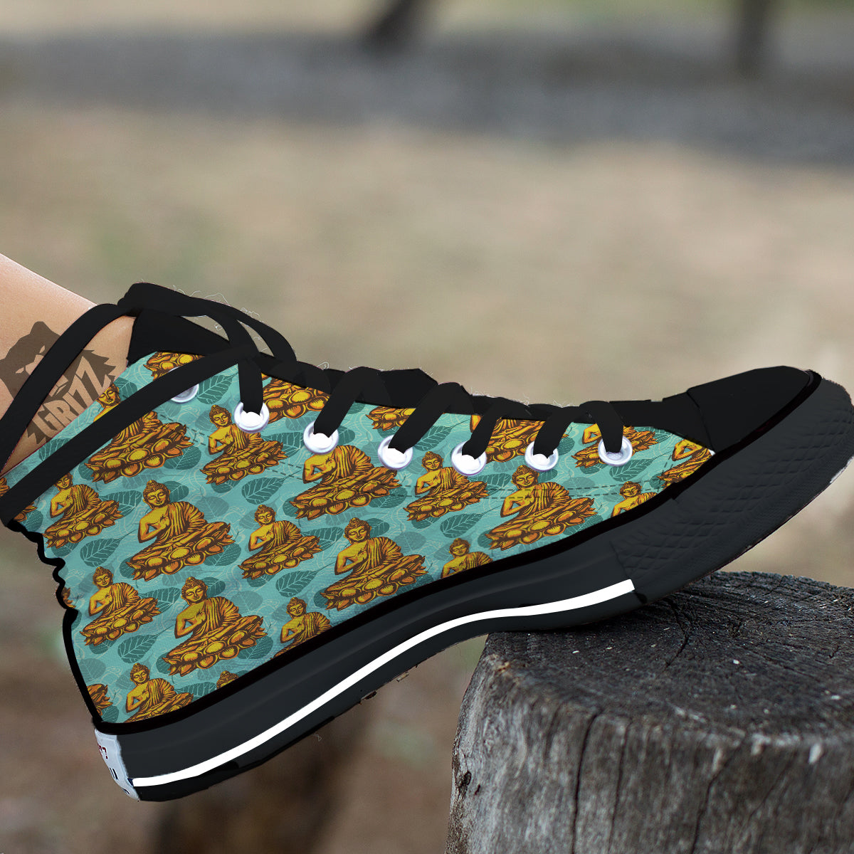 Buddha Sits On The Leaf Print Pattern Black High Top Shoes-grizzshop
