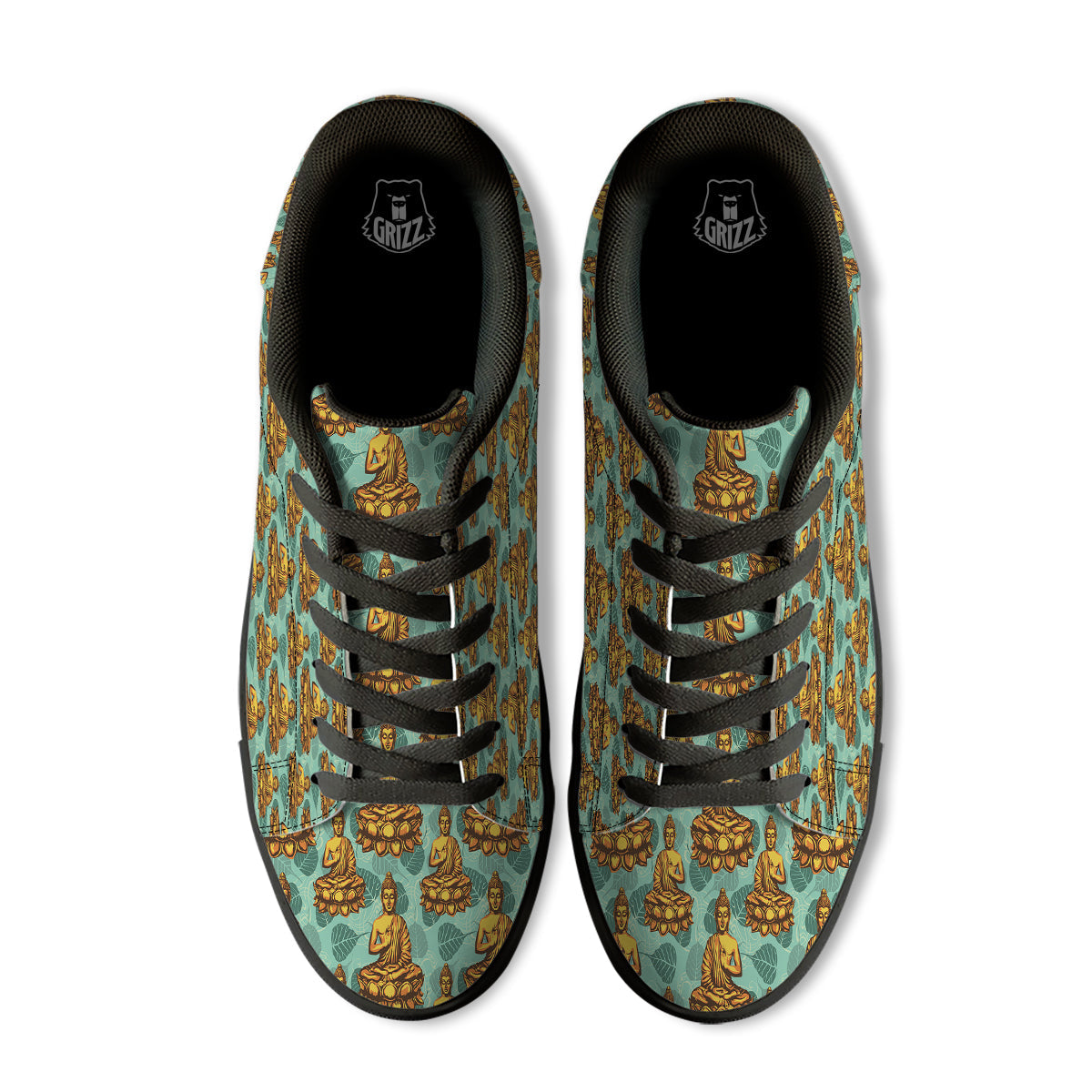 Buddha Sits On The Leaf Print Pattern Black Low Top Sneakers-grizzshop