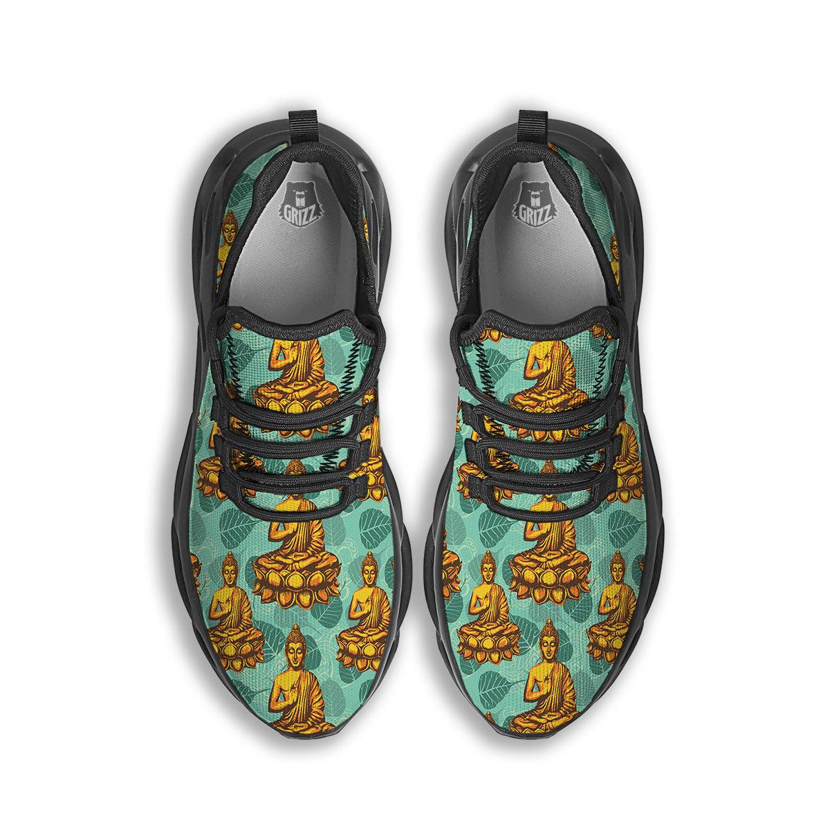 Buddha Sits On The Leaf Print Pattern Black Running Shoes-grizzshop