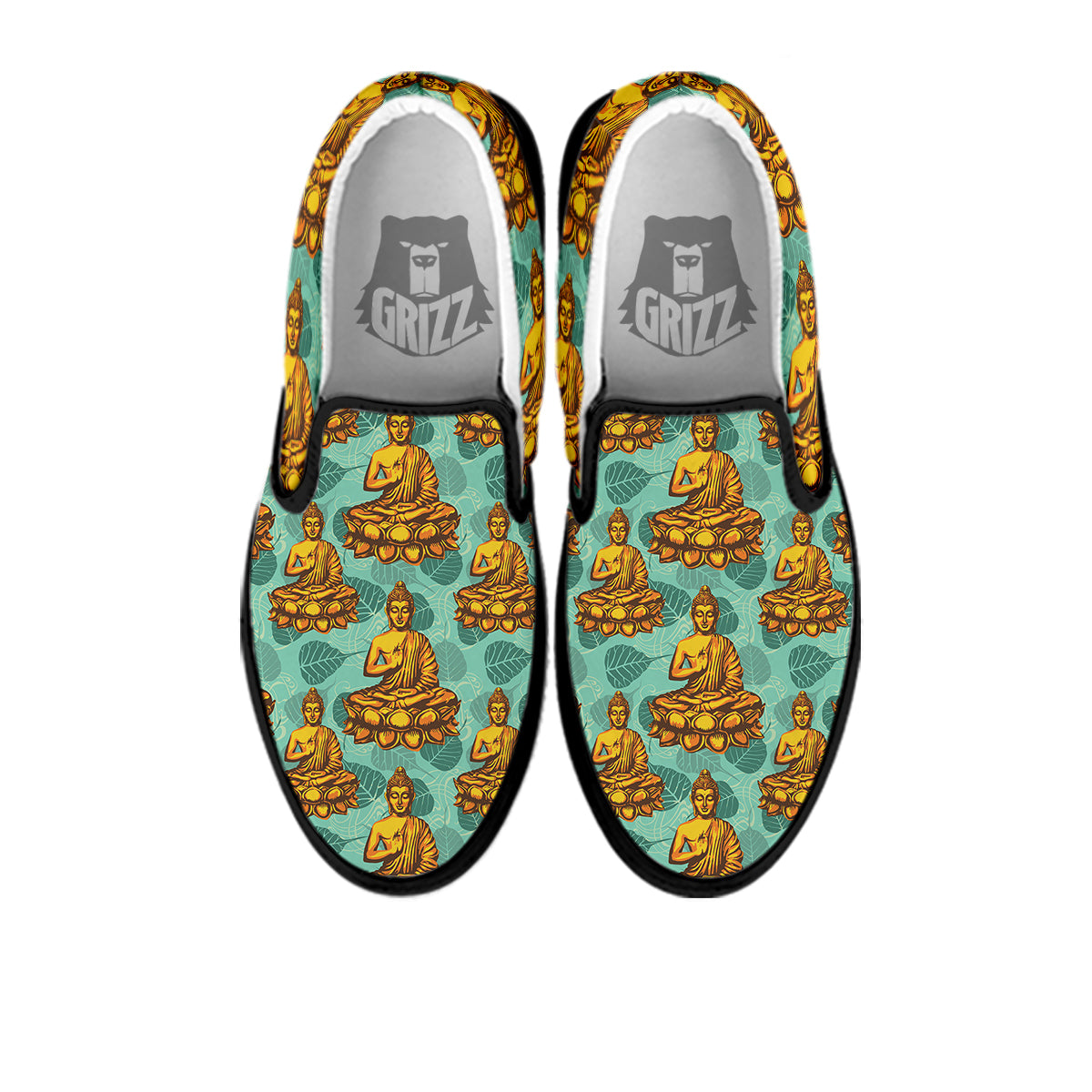 Buddha Sits On The Leaf Print Pattern Black Slip On Shoes-grizzshop