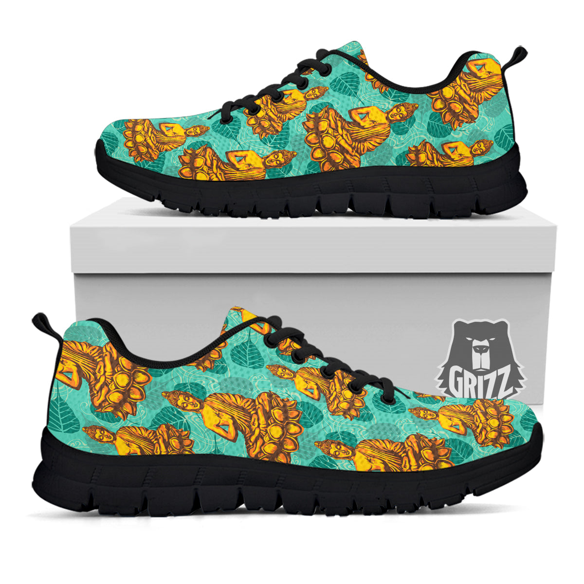 Buddha Sits On The Leaf Print Pattern Black Sneaker-grizzshop