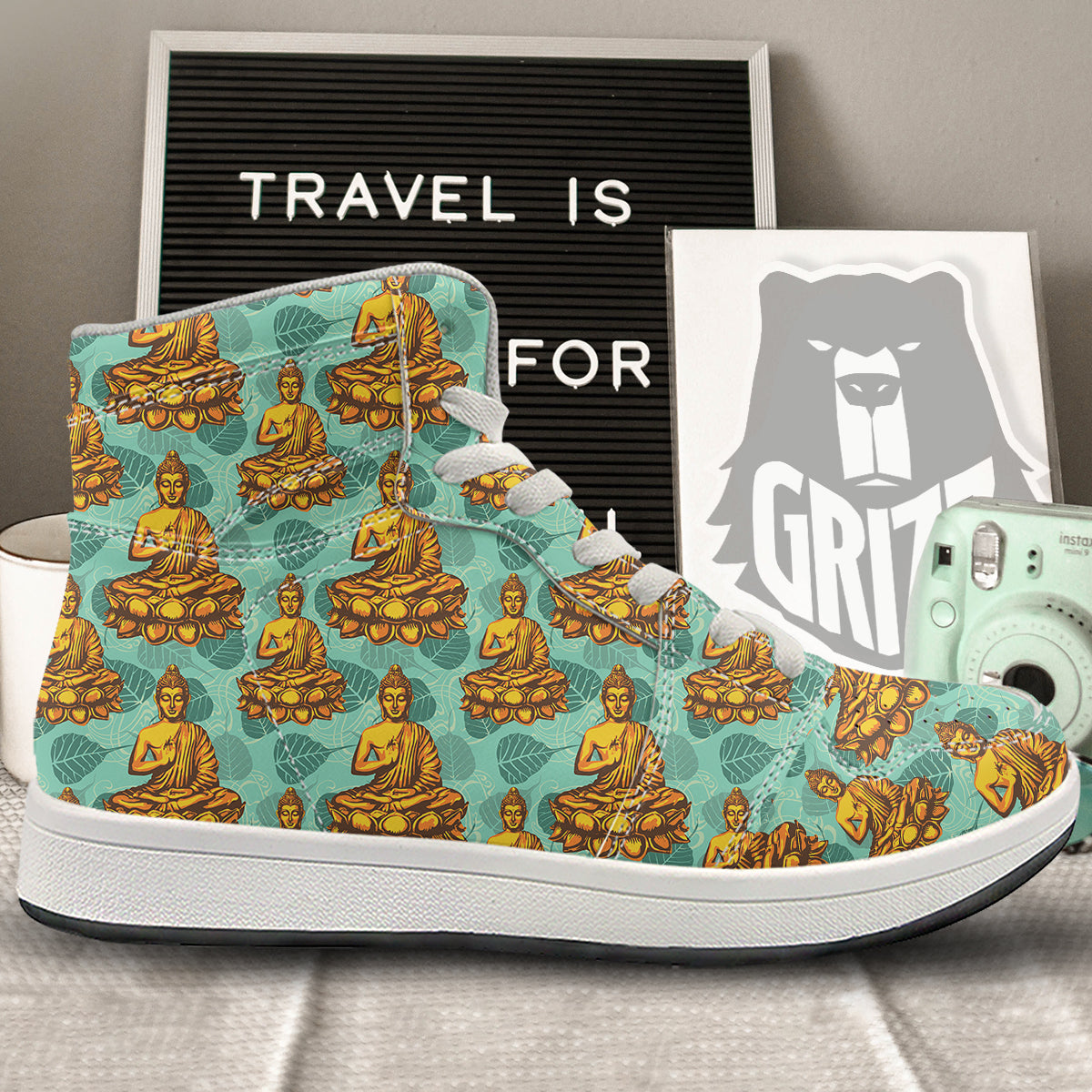 Buddha Sits On The Leaf Print Pattern High Top Sneakers-grizzshop