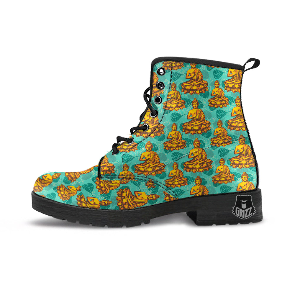 Buddha Sits On The Leaf Print Pattern Leather Boots-grizzshop