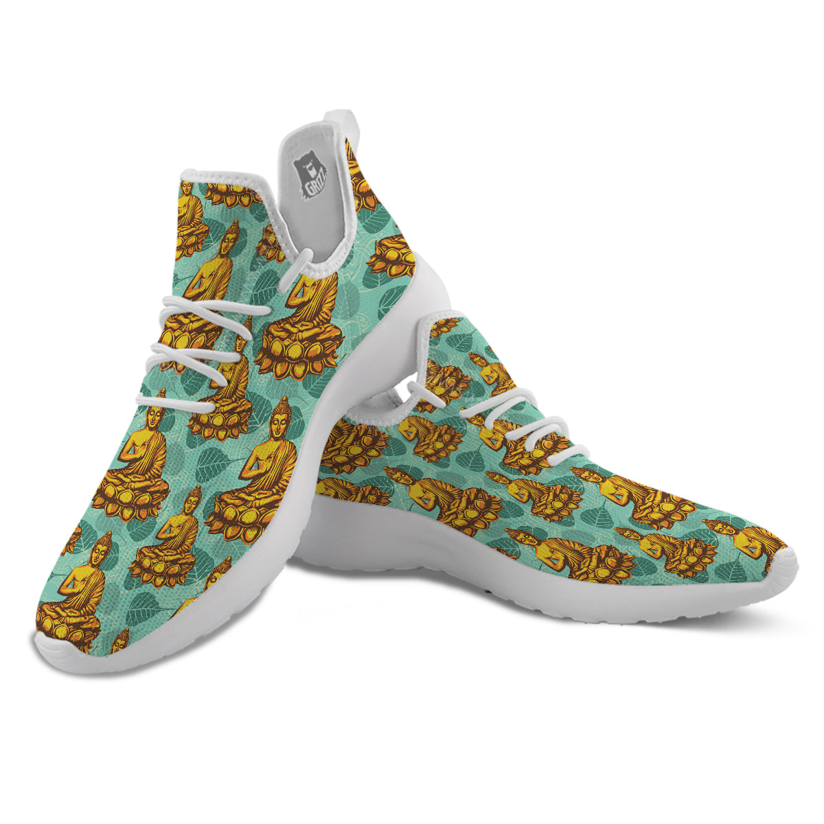 Buddha Sits On The Leaf Print Pattern White Athletic Shoes-grizzshop