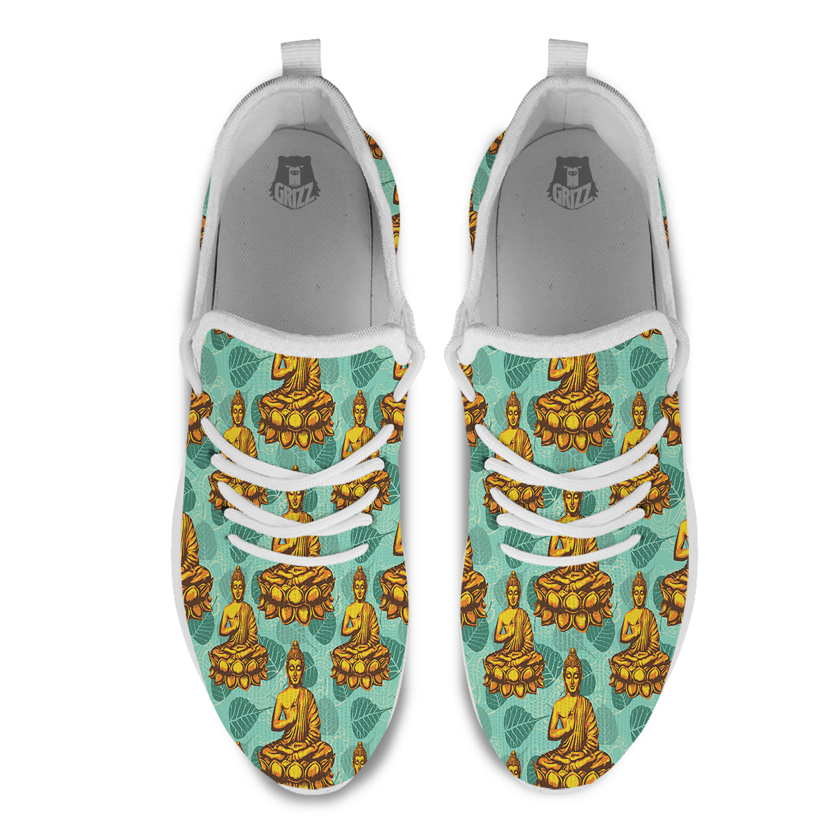 Buddha Sits On The Leaf Print Pattern White Athletic Shoes-grizzshop