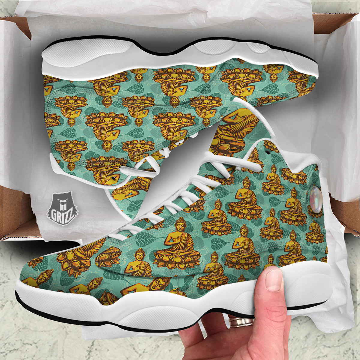 Buddha Sits On The Leaf Print Pattern White Basketball Shoes-grizzshop