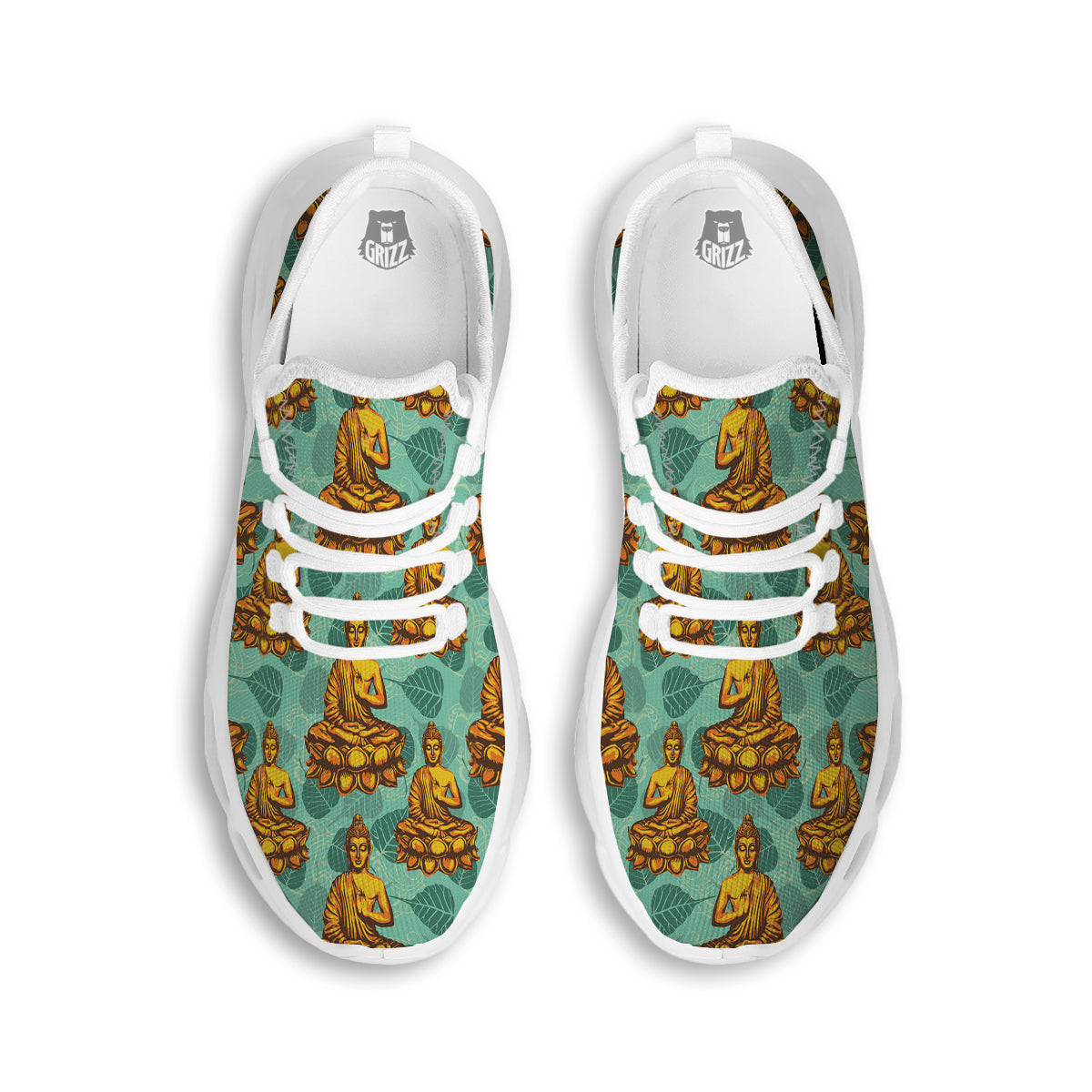 Buddha Sits On The Leaf Print Pattern White Running Shoes-grizzshop