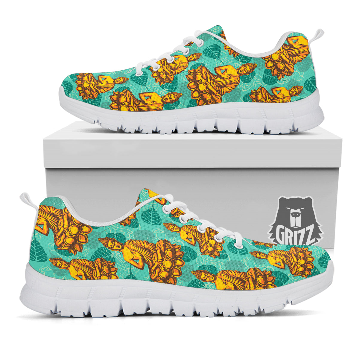 Buddha Sits On The Leaf Print Pattern White Sneaker-grizzshop