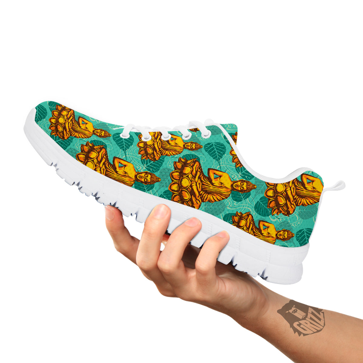 Buddha Sits On The Leaf Print Pattern White Sneaker-grizzshop