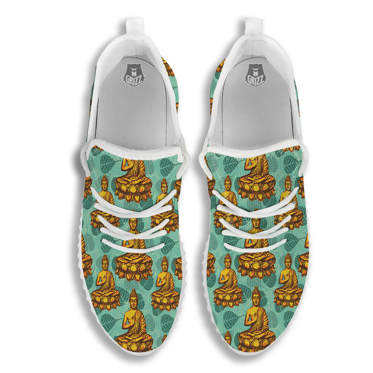 Buddha Sits On The Leaf Print Pattern White Walking Shoes-grizzshop